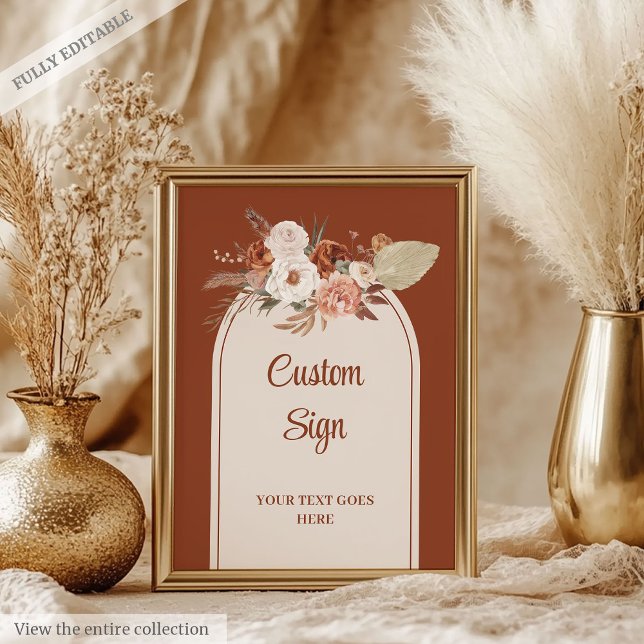 Affiche Whimssica Terracotta Pampas Sage Boho Arch Personn (Whimsical Terracotta Pampas Sage Boho Arch Custom Sign)
