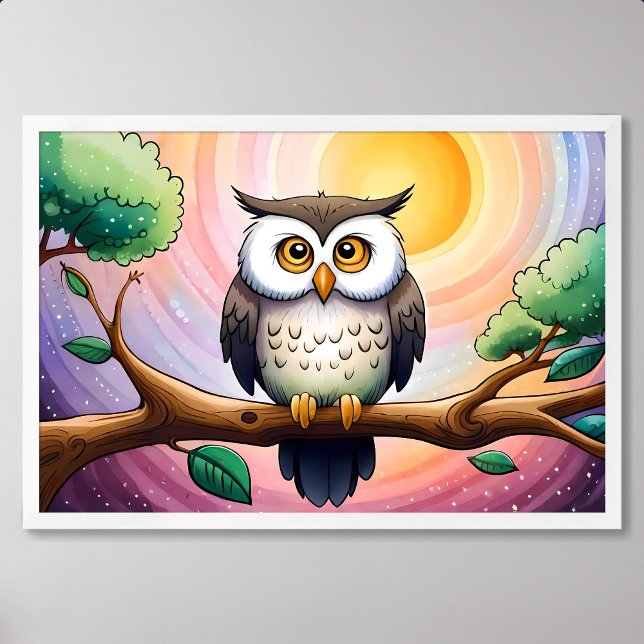 Affiche Whisper de la chouette peinte au milieu de la lune (owl painting moon star night twigs tree colorful)