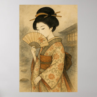 Affiche Whispers Behind the Fan: Geisha in Stillness