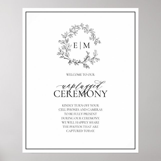 Affiche White Black Leafy Crest Monogram Unplugged Wedding (Devant)