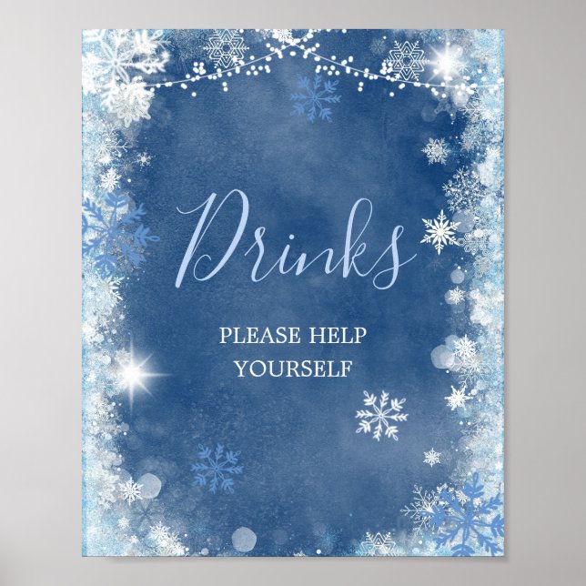 Affiche White Blue Winter Snowflake Bridal Shower Drinks (Devant)
