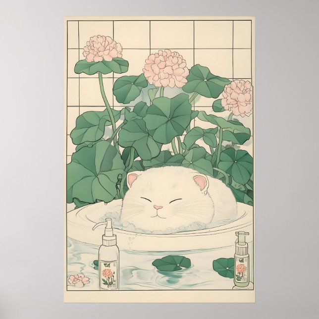 Affiche White Cat Bathtub Print, Ukiyo-e Japanese Art (Devant)