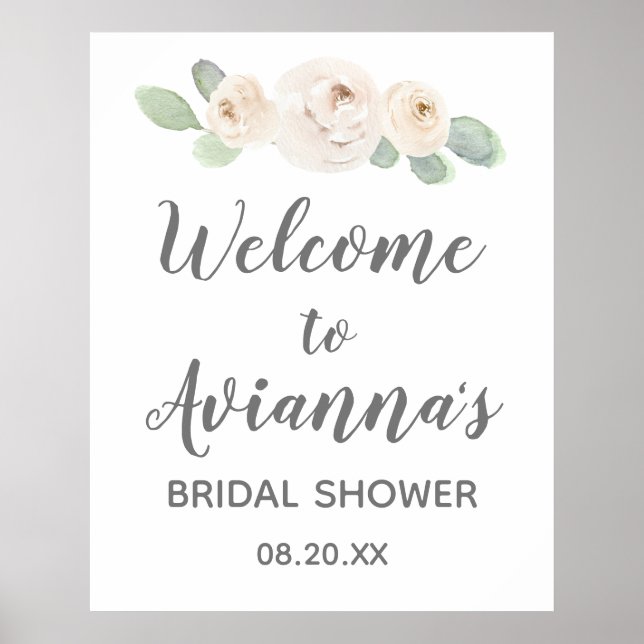 Affiche White Floral Botanical Bridal Shower Welcome Sign (Devant)