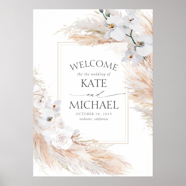 Affiche White Floral Pampas Grass Mariage Tropical Bienven (Devant)