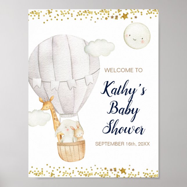 Affiche White Hot air Balloon Jungle Baby shower Bienvenue (Devant)