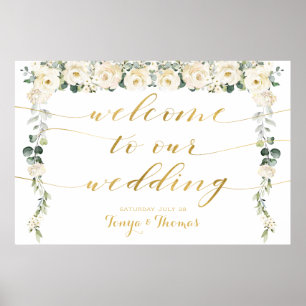 Affiche White Peony Gold Calligraphy Bienvenue Au Mariage