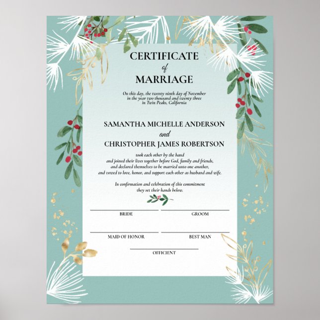 Affiche White Pine Holly Certificat de mariage hivernal (Devant)