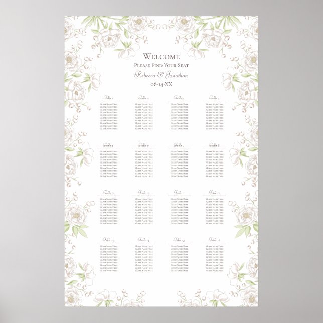 Affiche White Rose Classic Wedding Seating Chart (Devant)