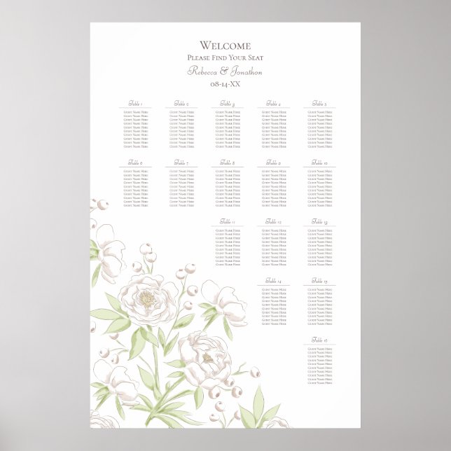 Affiche White Rose Classic Wedding Seating Chart (Devant)
