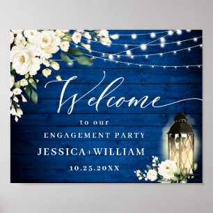 Affiche White Roses Royal Blue Wood ENGAGEMENT PARTI