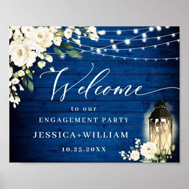 Affiche White Roses Royal Blue Wood ENGAGEMENT PARTI (Devant)