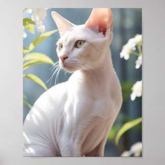 Affiche White Sphinx Cat and Flowers