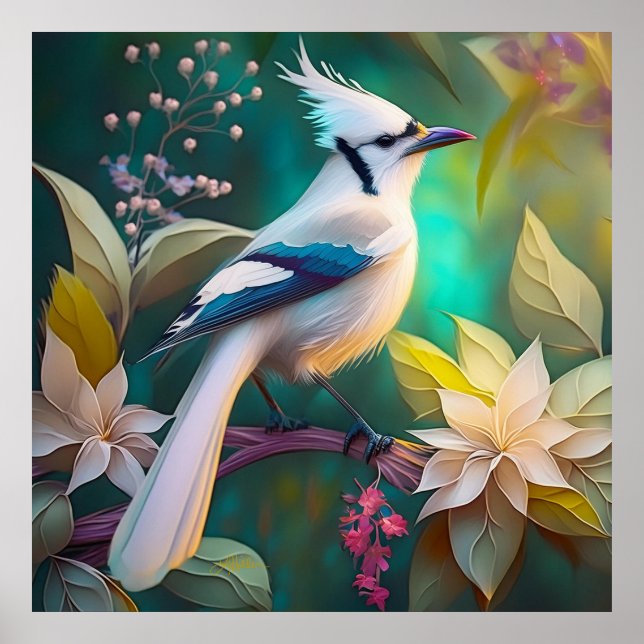 Affiche White Tufé Turquoise Wing Jay Imaginaire Bird (Devant)