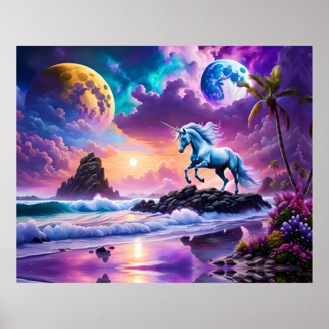 Affiche White Unicorn Imaginaire Tropical Beach (Devant)