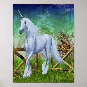 Affiche White Unicorn Woodland Gate Imaginaire Cheval Art