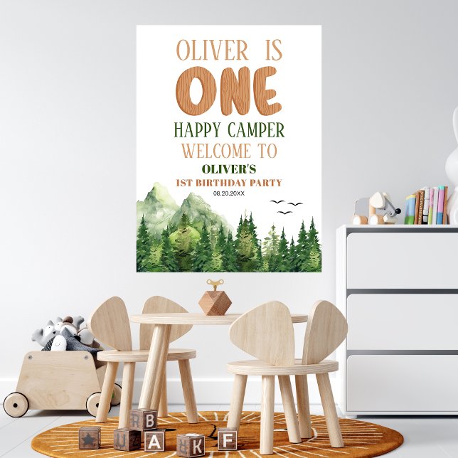 Affiche White Woodland Happy Camper First Birthday Welcome (Créateur téléchargé)