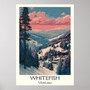 Affiche Whitefish Montana Village Ski Vintage Mountain Art