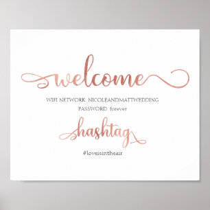 Affiche Wifi network hashtag rose gold info Wedding Sign