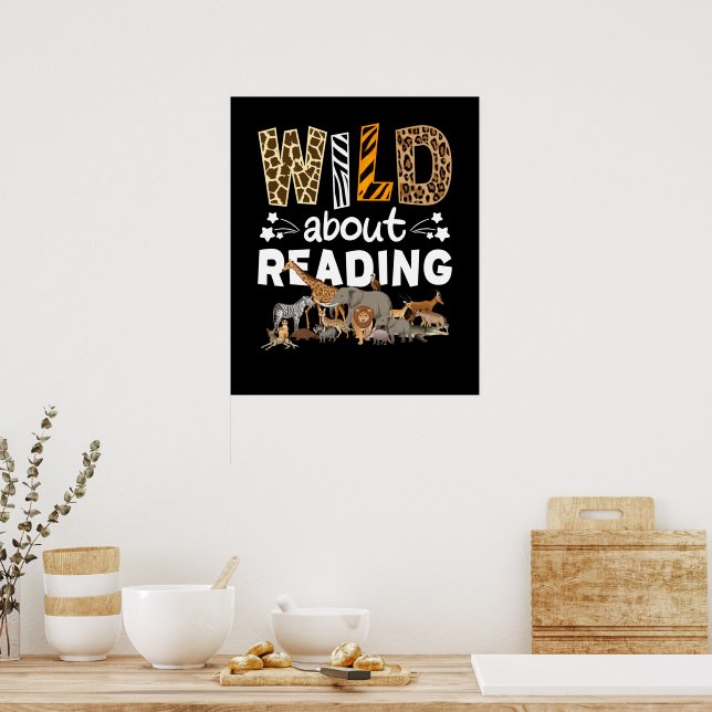 Affiche Wild About Reading Books And Bookworm Library (Cuisine)