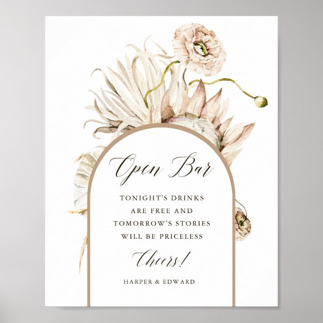 Affiche Wild Boho Protea Pampas Grass Mariage Open Bar (Devant)