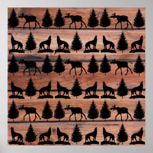 Affiche Wild Moose Wolf Wilderness Mountain Cabin Rustic