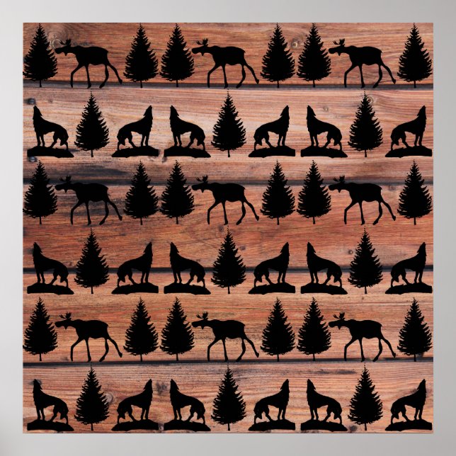Affiche Wild Moose Wolf Wilderness Mountain Cabin Rustic (Devant)