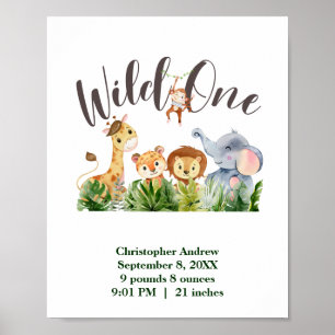 Affiche Wild One Baby Animals Jungle Safari Birth Stats 