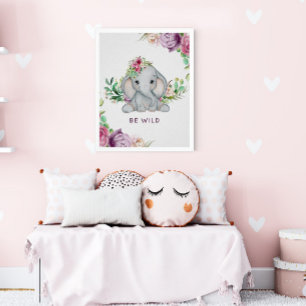 Affiche Wild One - Baby Elephant and Flowers