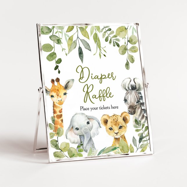 Affiche Wild One Jungle Safari Déchets Raffle (Greenery Animals Baby Shower  Diaper Raffle)