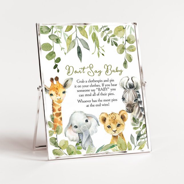 Affiche Wild One Jungle Safari Ne dis pas Baby (Greenery Animals Baby Shower  Don't Say Baby Sign)