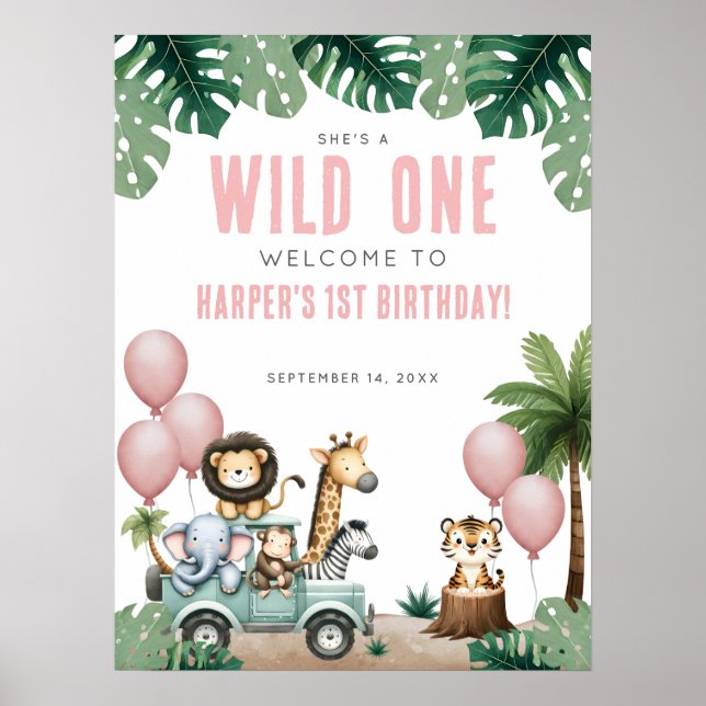 Affiche Wild One Pink Safari 1st Birthday Welcome (Devant)
