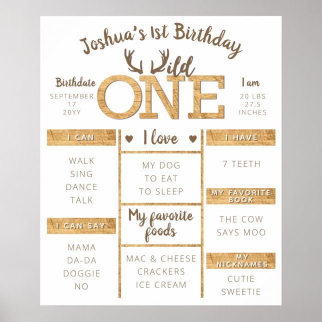 Affiche Wild One Rustic Deer Antler 1er anniversaire Jalon (Devant)