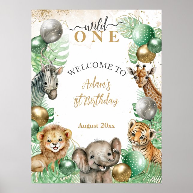Affiche Wild One Safari animaux Balloon Baby 1er anniversa (Devant)