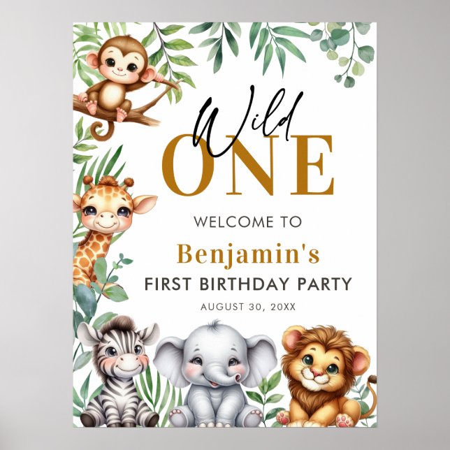 Affiche Wild One Safari Animaux Garçon 1er anniversaire Bi (Devant)