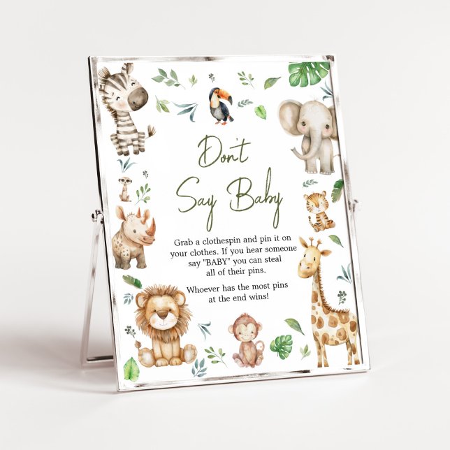 Affiche Wild One Safari ne dit pas Baby shower bébé (Little Wild One Safari Animals Baby Shower Don't Say Baby Sign)