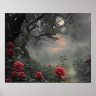 Affiche Wild rose garden - moody dark forest full moon