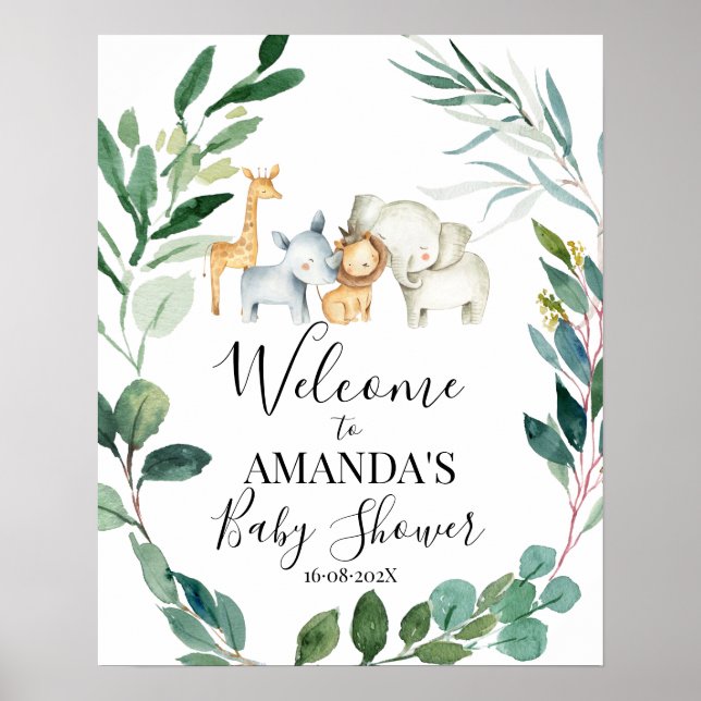 Affiche Wild Safari verdure Baby shower Wreath Bienvenue (Devant)
