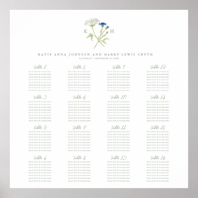 Affiche Wildflower monogram green wedding 16 table seating (Devant)