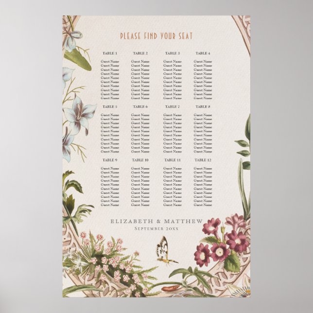 Affiche Wildflowers Seating Chart Vintage Wedding (Devant)