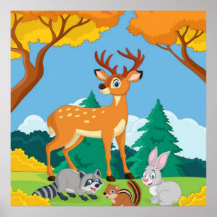 Affiche Wildlife Raccoon Chipmunk Rabbit Deer Fall Landsca