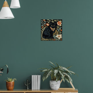 Affiche William Morris Style Black Cute Chat Botanique