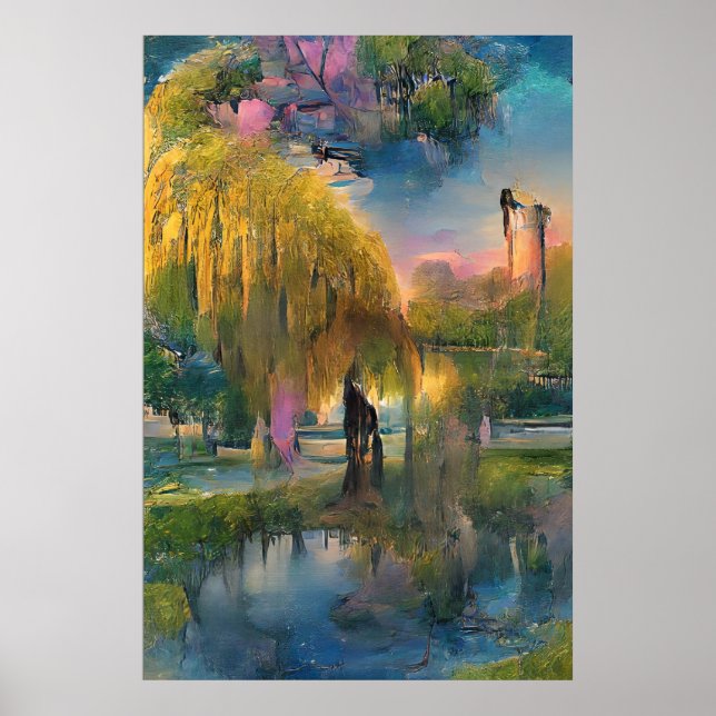 Affiche Willow d'or au coucher du soleil près de l'étang (Devant)