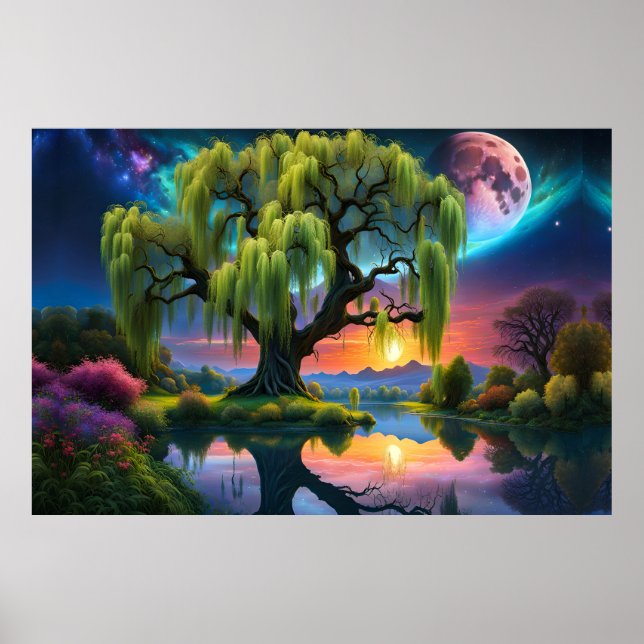 Affiche Willow tree under Pleine lune N Starry ciel Sunset (Devant)