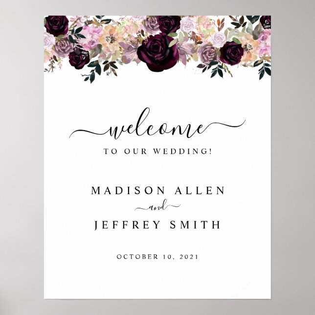 Affiche Wine Plum & Mauve Fall Floral Wedding Welcome Sign (Devant)