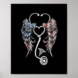 Affiche Wings Heart Nurse Stethoscope Drapeau américain