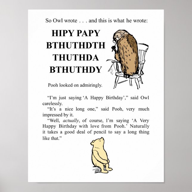 Affiche Winnie The Pooh- Owl Écrit 'Joyeux Anniversaire' (Devant)