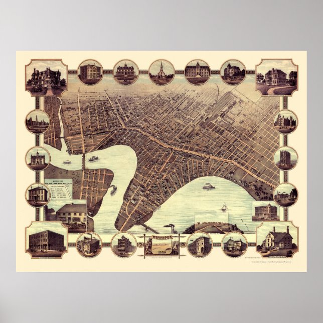 Affiche Winnipeg, MB, Canada Carte panoramique - 1884 (Devant)