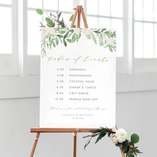 Affiche Winter Blooms Garland Mariage Ordre des événements (Customizable watercolor wedding timeline sign featuring watercolor greenery and white flowers)