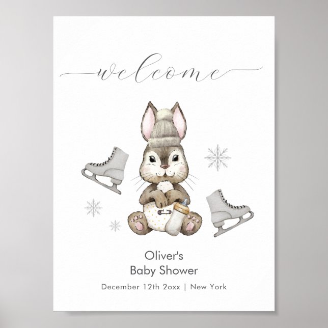 Affiche Winter Bunny Ice Skate Baby Shower Welcome  (Devant)