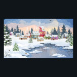 Affiche Winter Christmas landscape with snow-covered house<br><div class="desc">Winter Christmas landscape with snow-covered houses in a pine forest on the banks of a frozen river. Christmas holidays illustration. 
christmas, snow, forest, landscape, village, abstract, architecture, background, bird, buildings, celebration, christmas tree, city, cityscape, cottage, december, decoration, greeting, holiday, house, vintage, retro, illustration, </div>